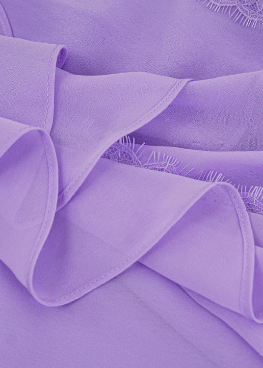 Purple V Neck Ruffled Lace Patchwork Silk Ankle Dress Summer