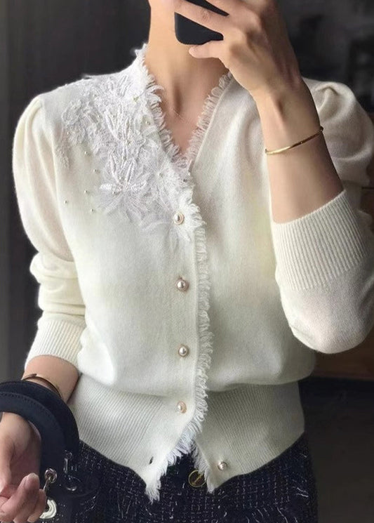 White V Neck Tasseled Embroidered Woolen Cardigan Fall