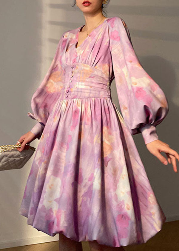 Purple V Neck Tie Dye Button Chiffon Cinch Dress Lantern Sleeve
