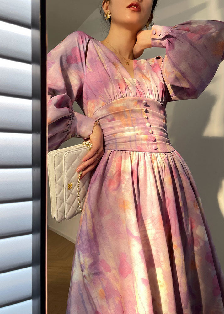 Purple V Neck Tie Dye Button Chiffon Cinch Dress Lantern Sleeve