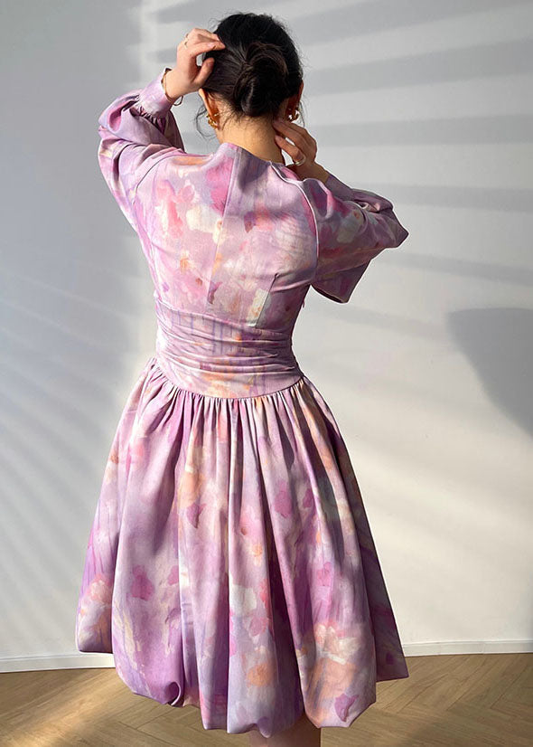 Purple V Neck Tie Dye Button Chiffon Cinch Dress Lantern Sleeve