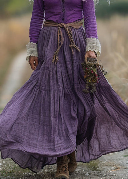 Purple V Neck Wrinkled Patchwork Cotton Robe Dresses Spring