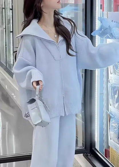 Purple Zip Up Sweaters and Pants Knit Two Pieces Set Spring