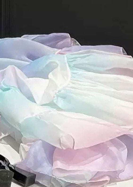 Rainbow Bustier Top Asymmetrical Patchwork Tulle Long Dress Puff Sleeve