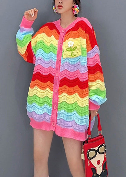 Rainbow Button Hollow Out Patchwork Knit Top Fall