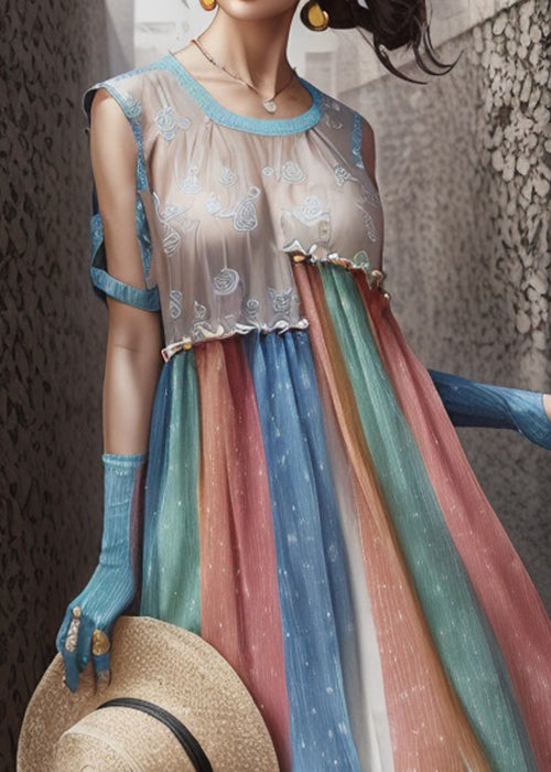 Rainbow Ruffled Patchwork Silk Long Dresses Summer