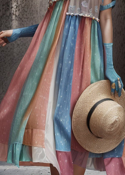Rainbow Ruffled Patchwork Silk Long Dresses Summer