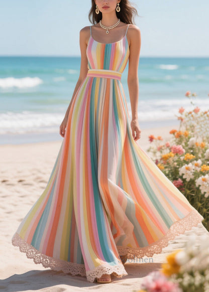 Rainbow Striped Exra Large Hem Chiffon Beach Dress Summer