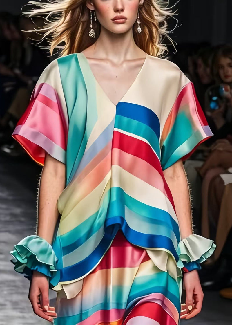 Rainbow V Neck Silm Fit Silk Long Dress Summer