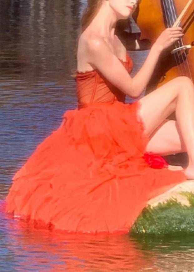 Red Asymmetrical Design Cold Shoulder Tulle Maxi Dresses Sleeveless