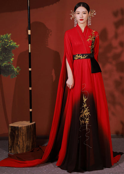 Red Asymmetrical Embroidered Patchwork Chiffon Long Dress Fall