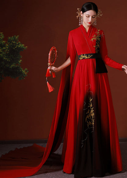 Red Asymmetrical Embroidered Patchwork Chiffon Long Dress Fall