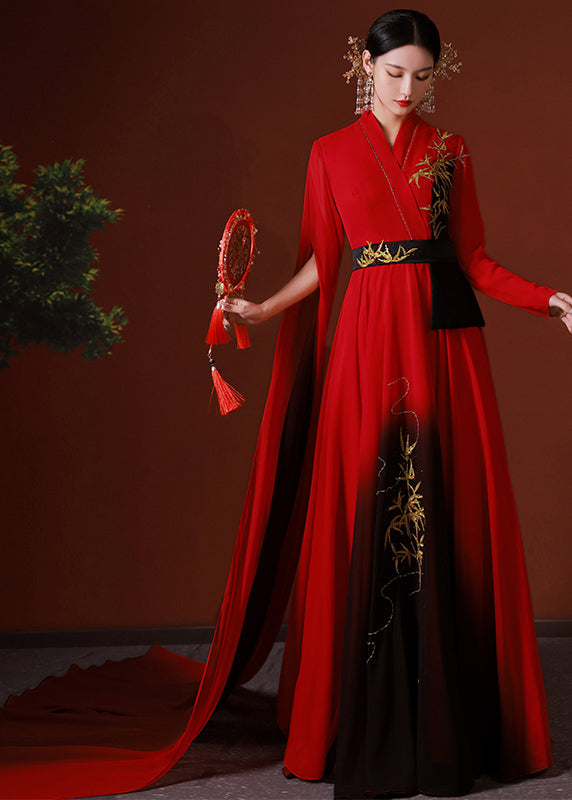 Red Asymmetrical Embroidered Patchwork Chiffon Long Dress Fall