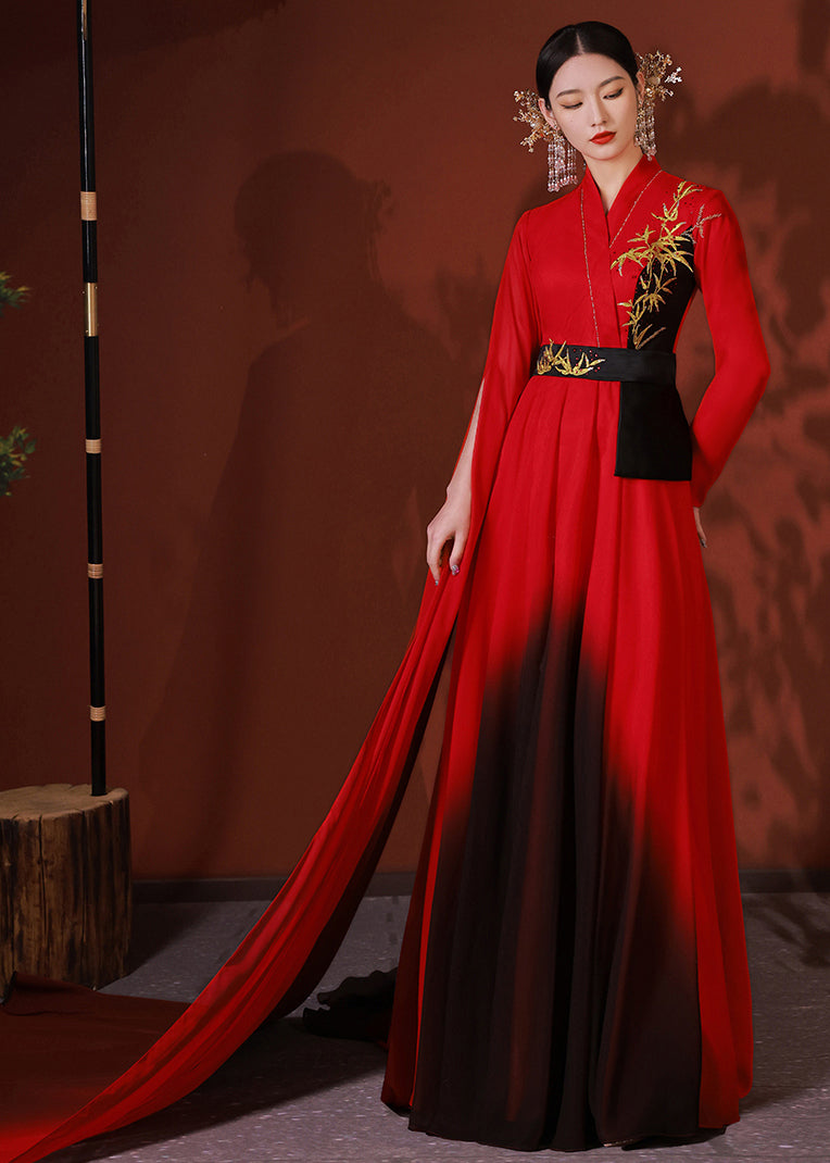 Red Asymmetrical Embroidered Patchwork Chiffon Long Dress Fall