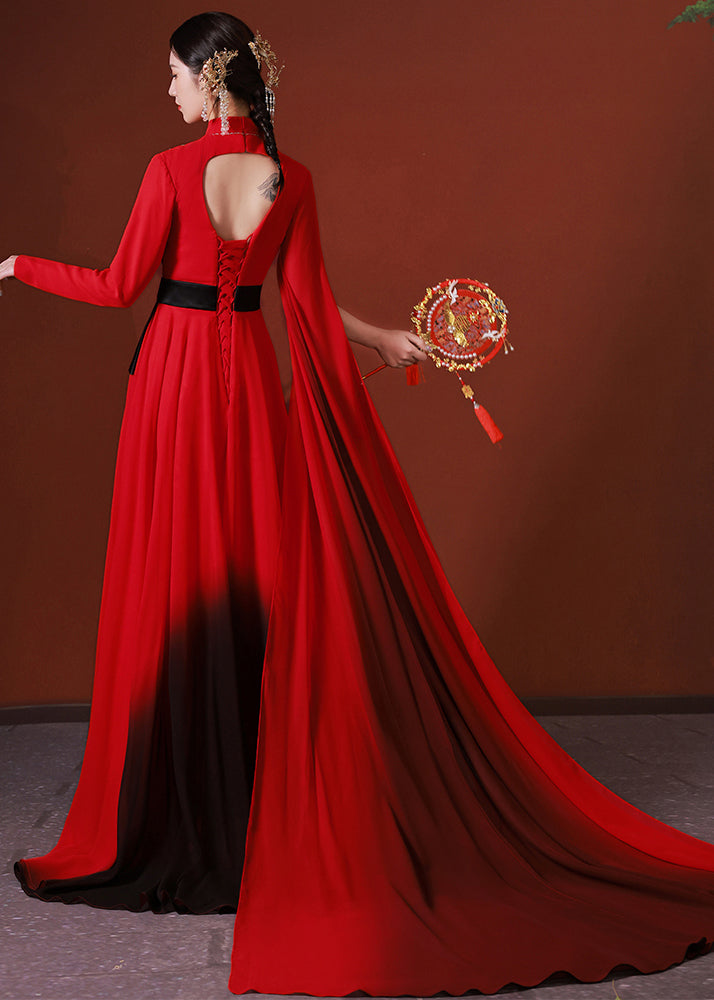 Red Asymmetrical Embroidered Patchwork Chiffon Long Dress Fall