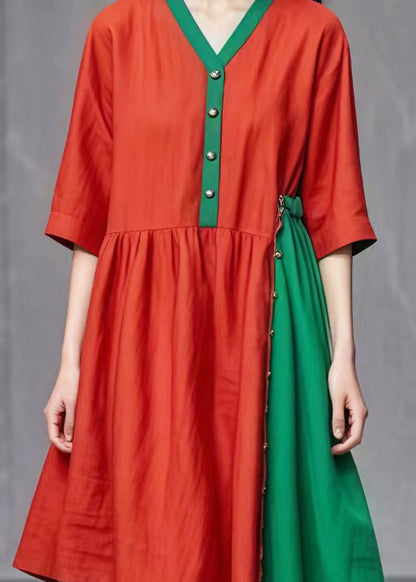 Red Asymmetrical Patchwork Cotton Dresses Summer