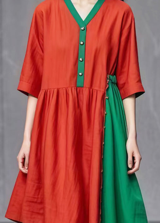 Red Asymmetrical Patchwork Cotton Dresses Summer