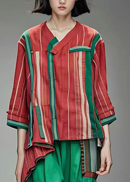 Red Asymmetrical Striped Tassel Shirts Half Sleeve