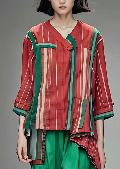 Red Asymmetrical Striped Tassel Shirts Half Sleeve