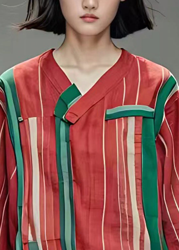Red Asymmetrical Striped Tassel Shirts Half Sleeve