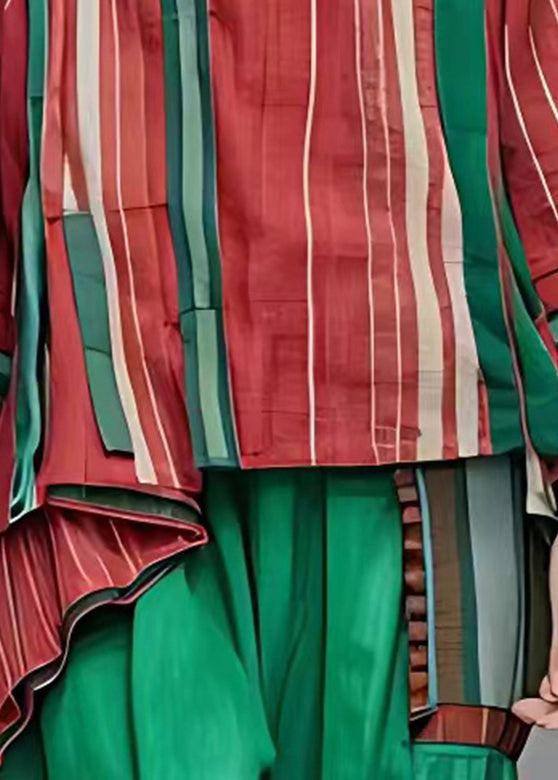 Red Asymmetrical Striped Tassel Shirts Half Sleeve