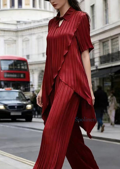 Red Asymmetrical Top and Pants Silk Two Pieces Set Summer