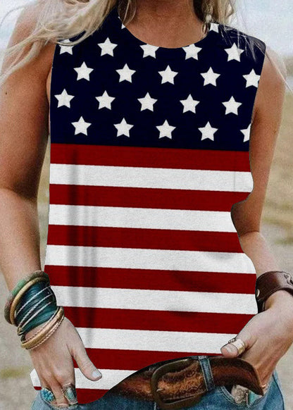 Red Blue O-neck Independence Day Print Cotton Top Summer