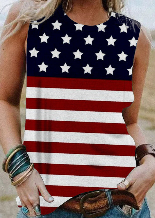 Red Blue O-neck Independence Day Print Cotton Top Summer