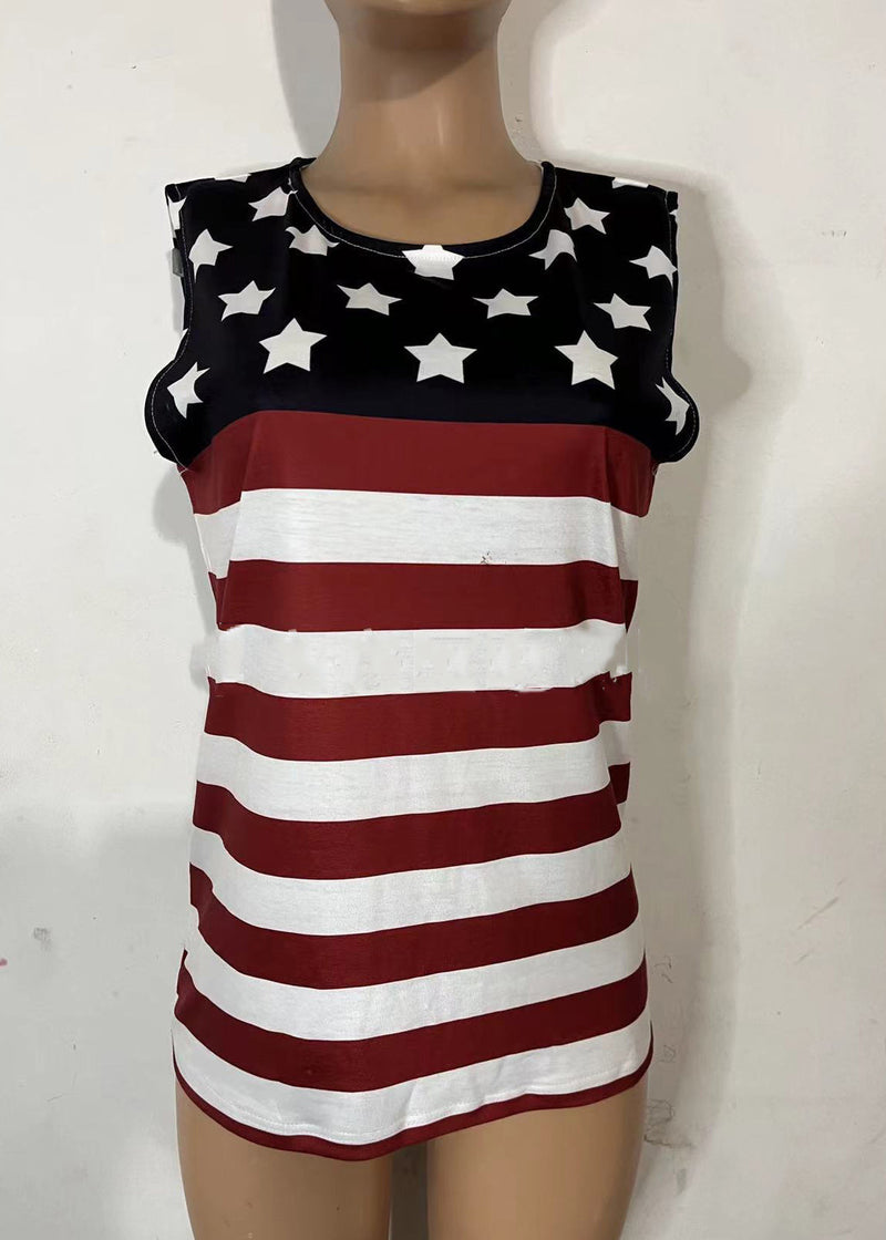 Red Blue O-neck Independence Day Print Cotton Top Summer