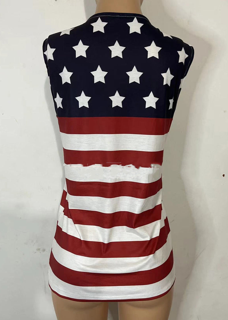 Red Blue O-neck Independence Day Print Cotton Top Summer