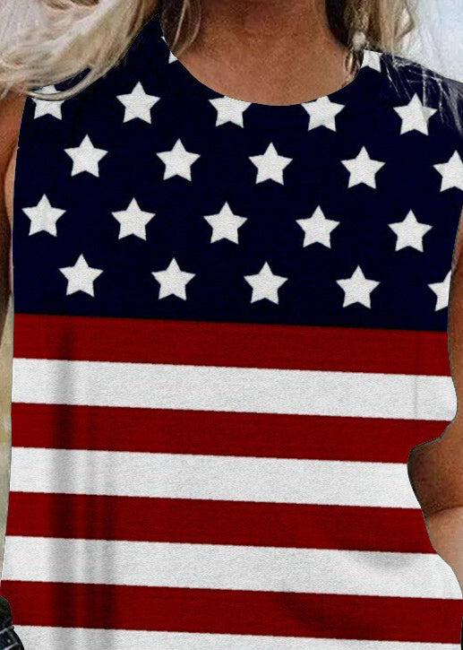 Red Blue O-neck Independence Day Print Cotton Top Summer