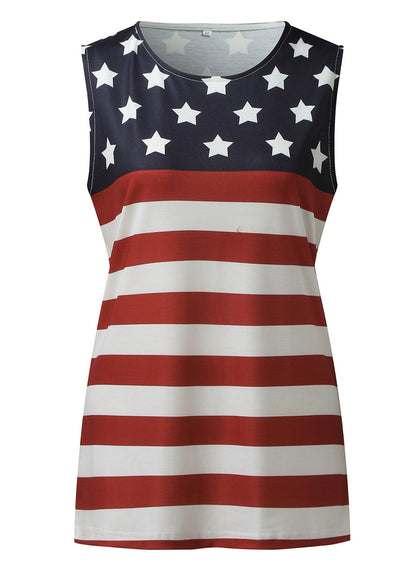 Red Blue O-neck Independence Day Print Cotton Top Summer