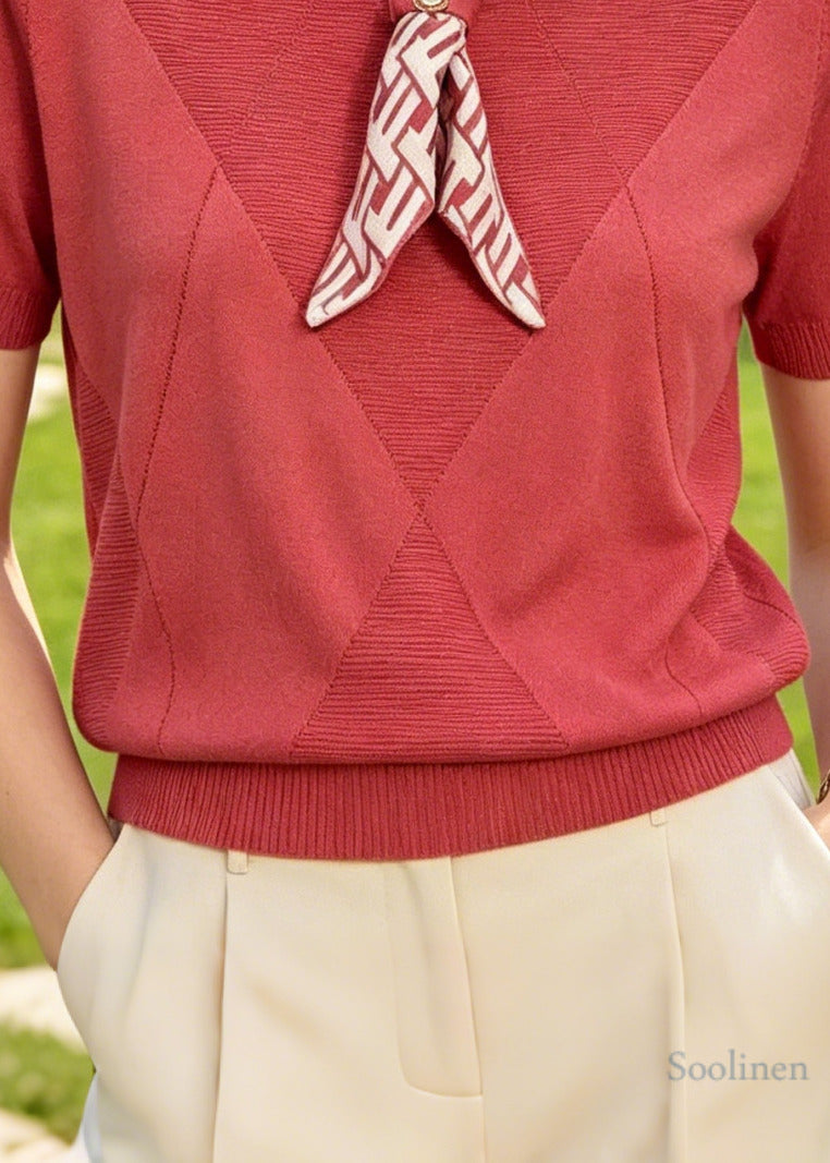 Red Bow Knit Shirt Tops Summer