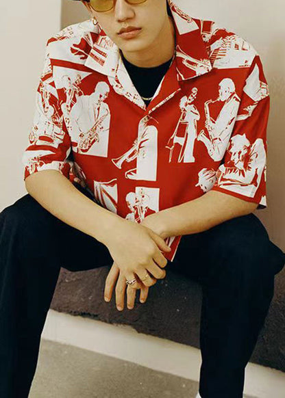 Red Button Print Cotton Shirts Summer