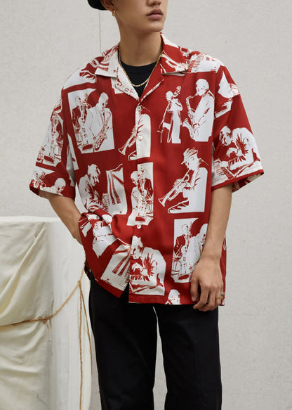 Red Button Print Cotton Shirts Summer