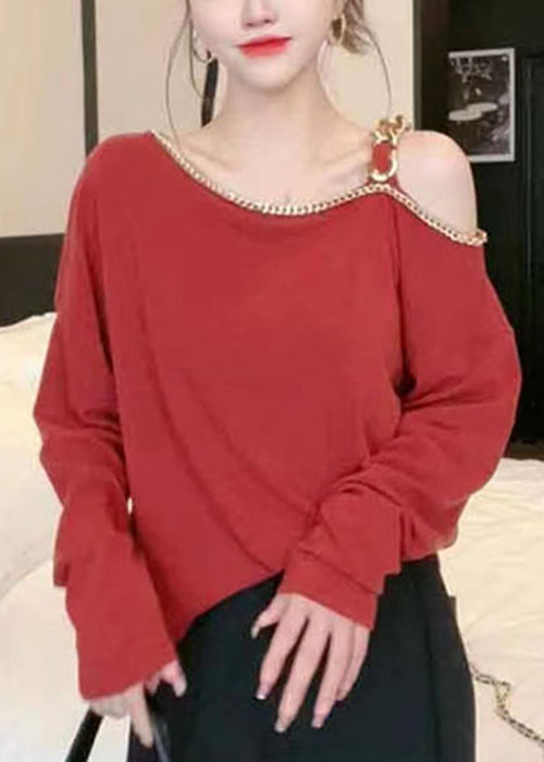 Red Cold Shoulder Chain Linked Cotton Top Long Sleeve
