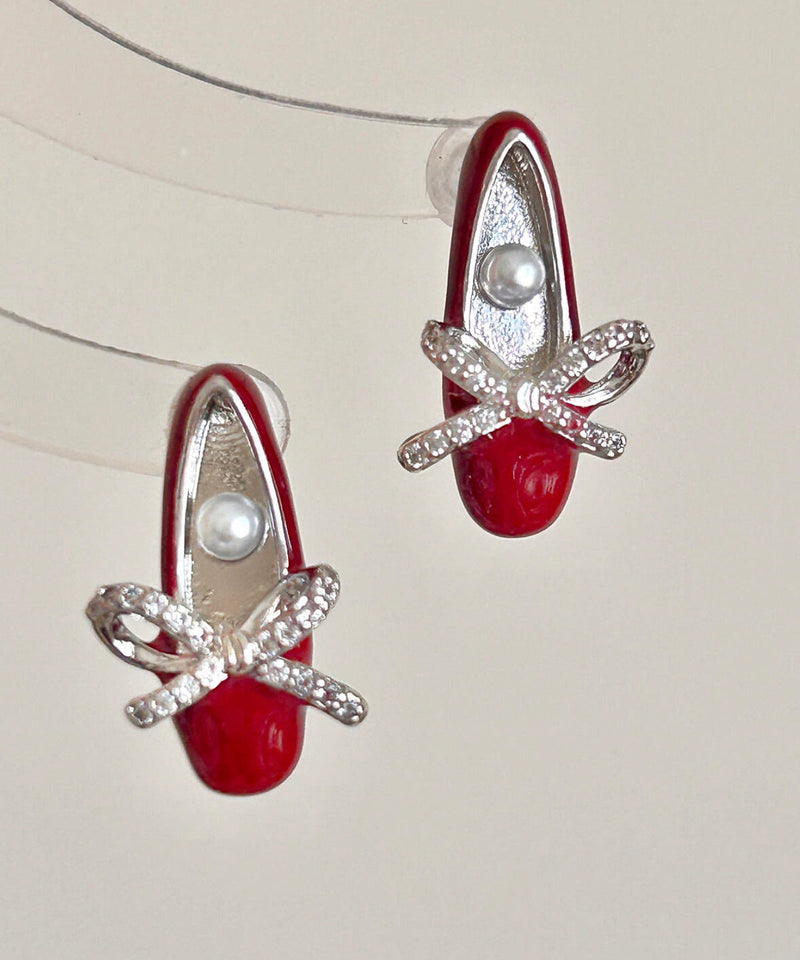 Red Copper Alloy Bow Pearl Ballet Shoes Stud Earrings
