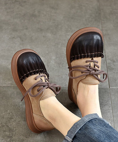 Red Cowhide Leather Wrinkle Splicing Lace Up Flats Shoes