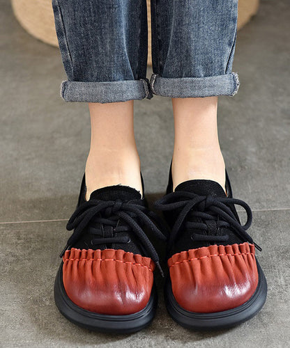 Red Cowhide Leather Wrinkle Splicing Lace Up Flats Shoes