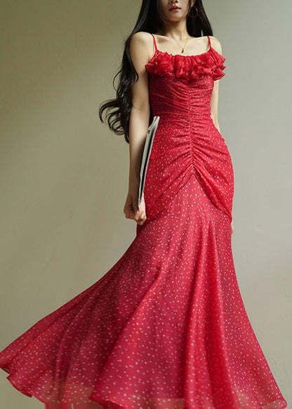 Red Dot Wrinkled Chiffon Spaghetti Strap Dress Sleeveless