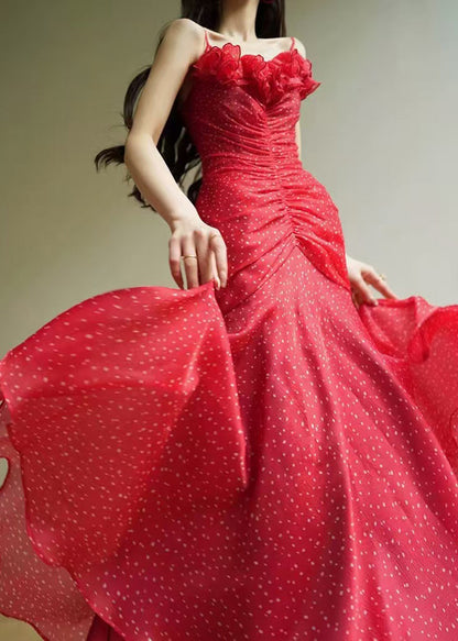 Red Dot Wrinkled Chiffon Spaghetti Strap Dress Sleeveless