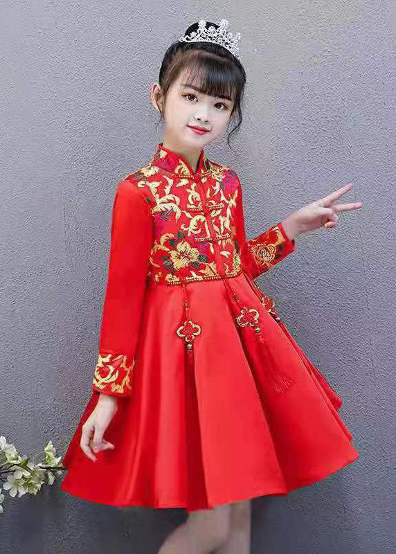 Red Embroideried Tassel Button Kids Mid Dresses Fall