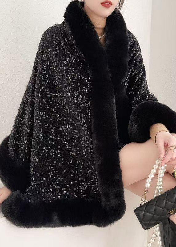Red Fur Collar Sequins Warm Fleece Cape Coat Winter