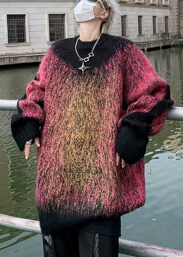 Red Gradient Color Patchwork Knit Sweater Winter