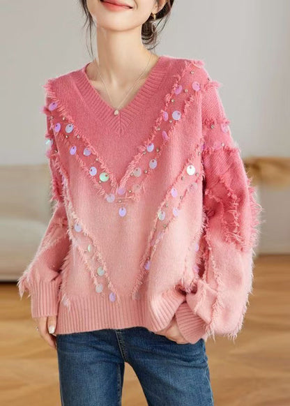 Red Gradient V Neck Tassel Sequins Knit Sweater Tops Spring