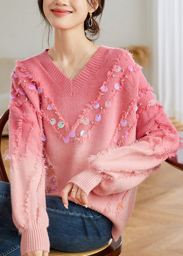 Red Gradient V Neck Tassel Sequins Knit Sweater Tops Spring
