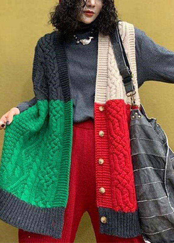 Red Green Loose V Neck Button Patchwork Fall Top Sleeveless Vest