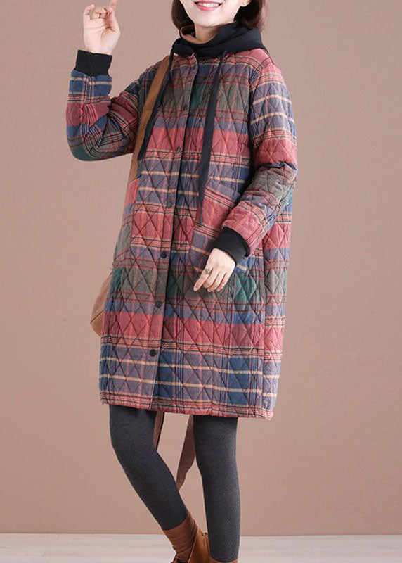Red Hooded Plaid Drawstring Cotton Parkas Winter