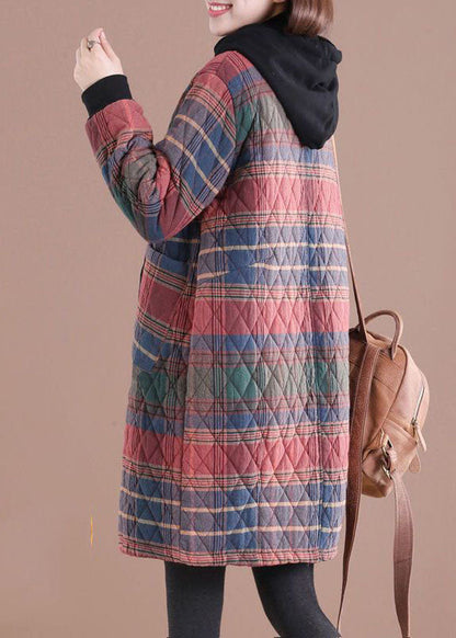 Red Hooded Plaid Drawstring Cotton Parkas Winter