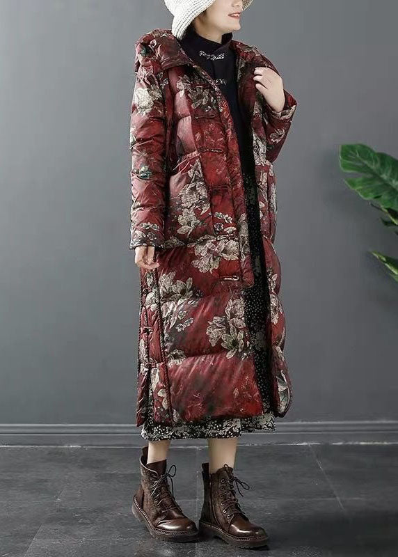 Red Hooded Print Duck Down Winter Down Coat